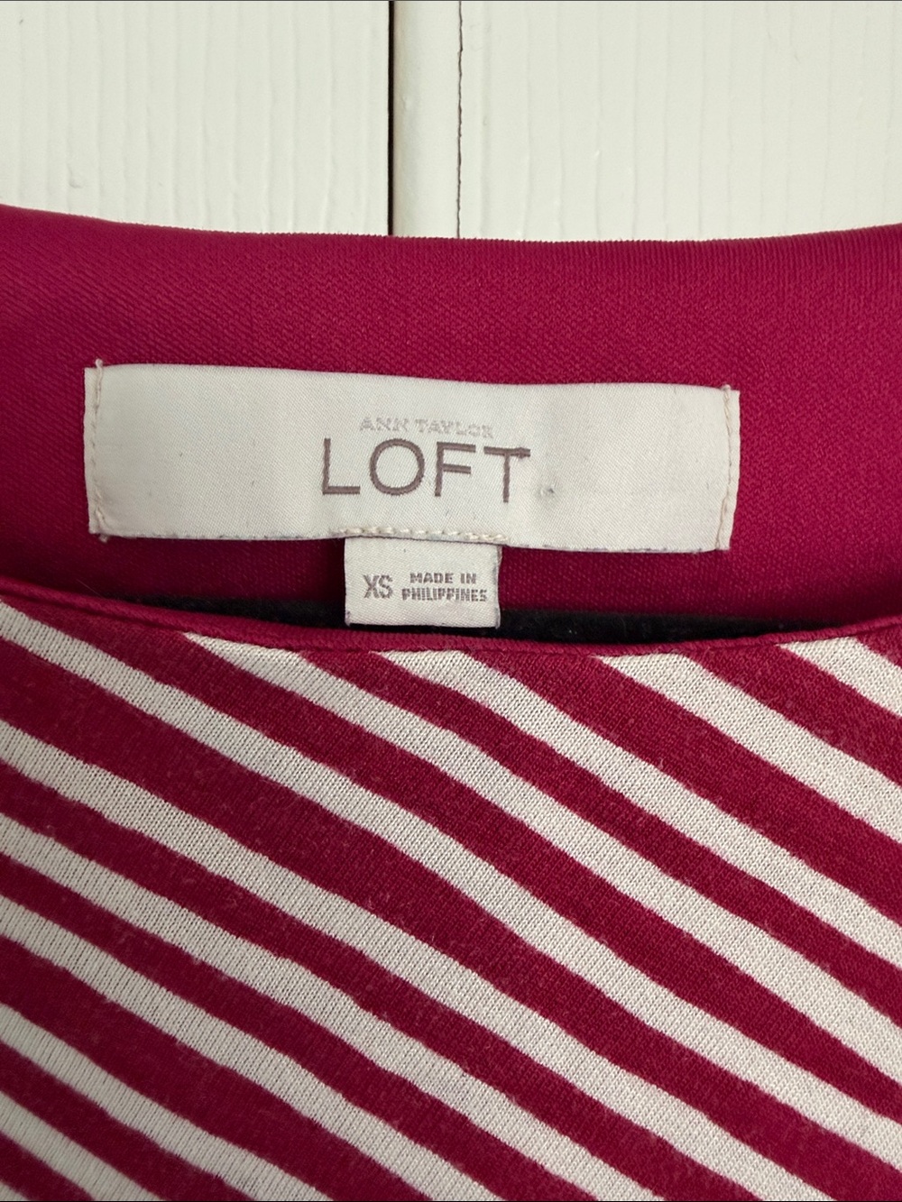 LOFT Wine Red and White Striped Cap-Sleeve Ruched Midi Dress - Picture 2 of 7